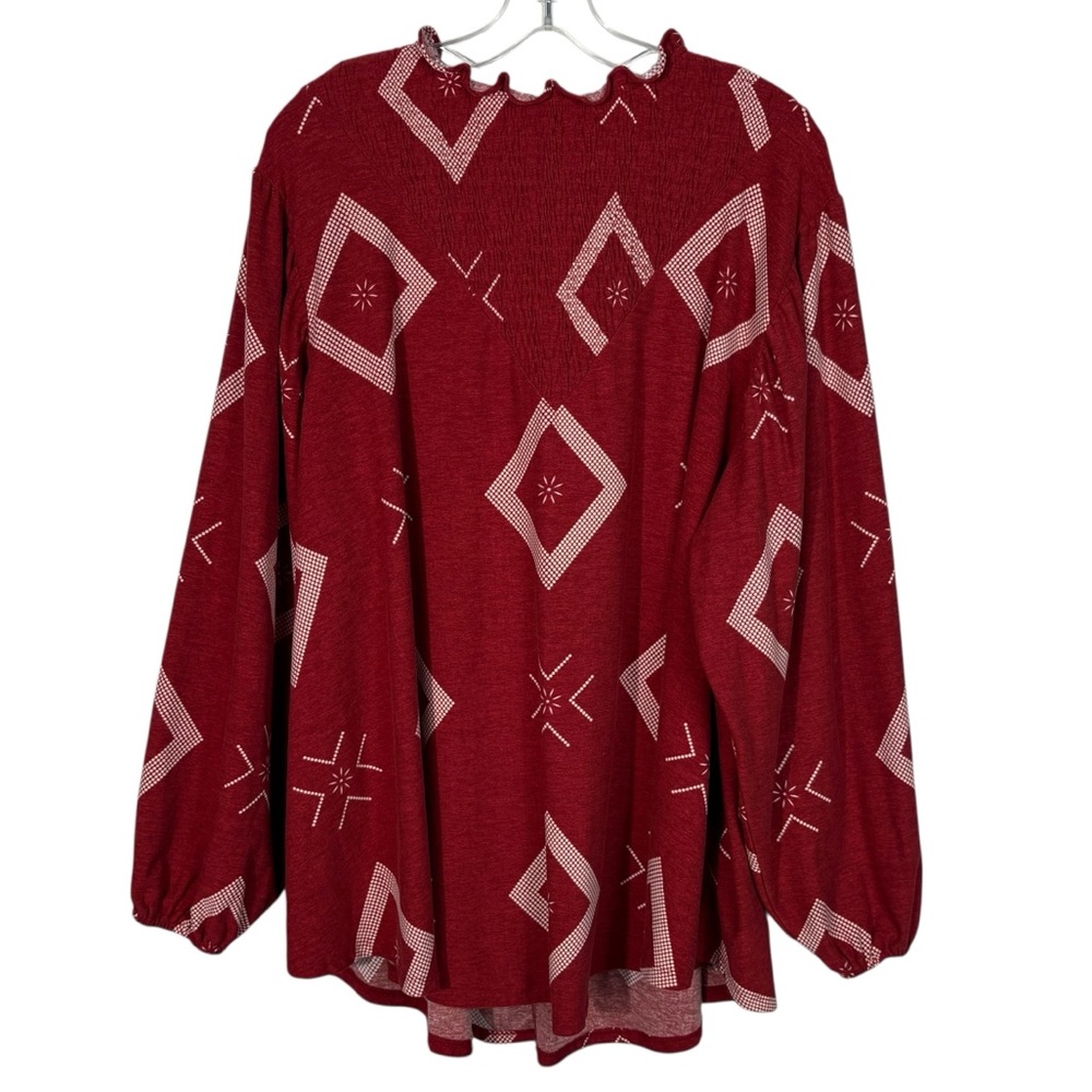 Lularoe Clara Smocked Stretch High Neck Long Sleeve Blouse XL Geometric Pattern